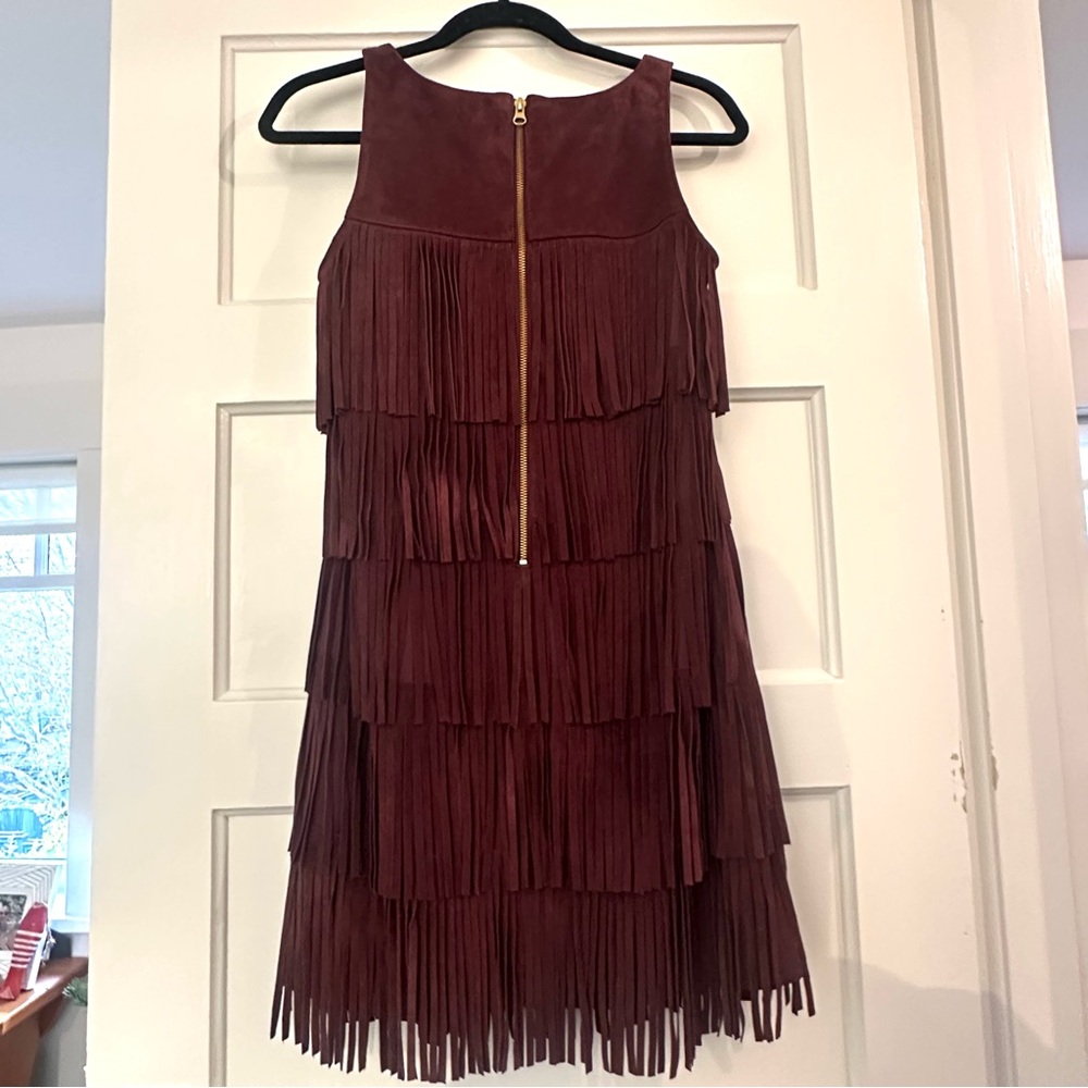 Olivia Palermo+Chelsea 28 Fringe Suede Leather Mini Dress XS Burgundy/Wine EUC - Picture 7 of 13